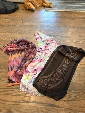 Three Lightweight Fashion Scarves - Pink, Floral, Black comes with all 3